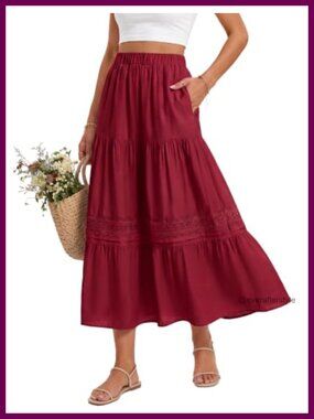 High Waist Maxi Skirt with Pockets Lace Trim A-Line Long Skirt